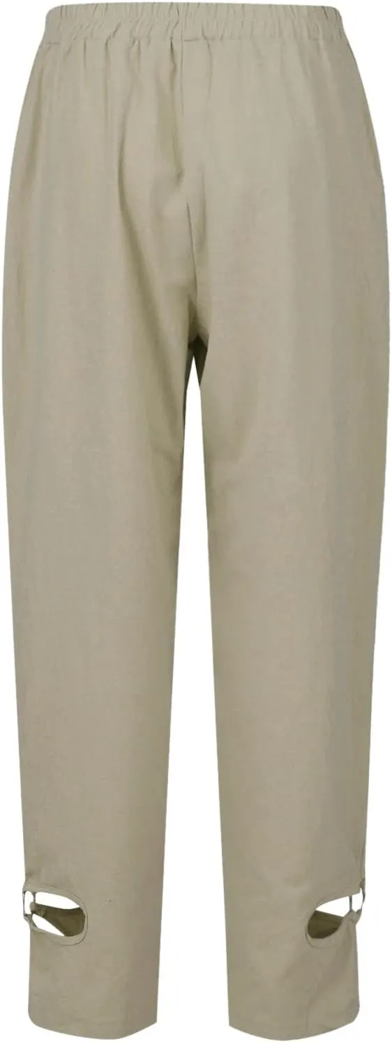Women's Summer Lace Cotton Linen Beach Capri Pants 2024 with Pockets Casual Loose Elastic High Waisted Trousers