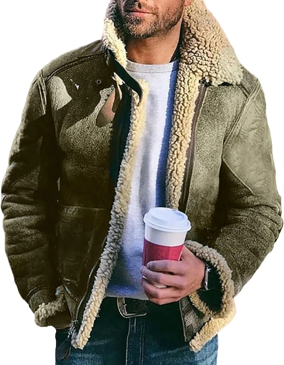 ZWRXW Mens Faux Fur Bomber Jacket Warm Winter Sherpa Lined Fleece Shearling Coat Lapel Motorcycle Trucker Aviator Outwear