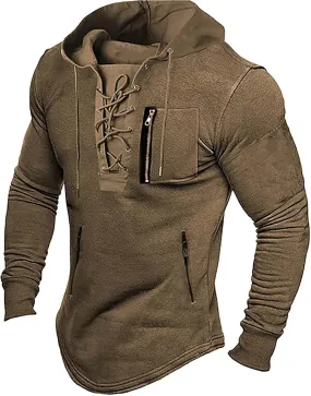 ZYXTIM Mens Military Tactical Hoodies Sweatshirts Lace Up Long Sleeve Slim Retro Distressed Gothic Shirts with Zipper Pockets